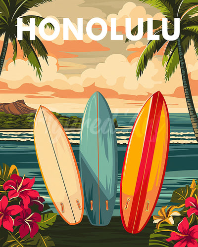 Diamond Painting - Reiseposter Honolulu – 40 x 50 cm auf Keilrahmen gespannt