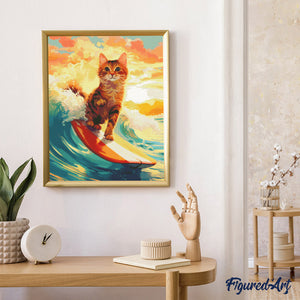 Diamond Painting - Surfende Katze – 40 x 50 cm auf Keilrahmen gespannt