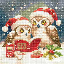 Laden Sie das Bild in den Galerie-Viewer, Mini Diamond Painting 25 x 25 cm - Lesende Weihnachts-Eulen