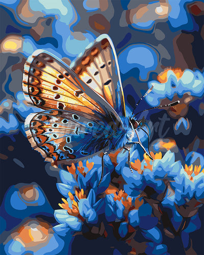 Malen nach Zahlen Figured'Art – Schmetterling und blaue Blumen