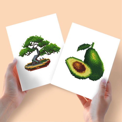 Mini Diamond Painting 15x20 cm (2 Stück) - Bonsai und Avocado