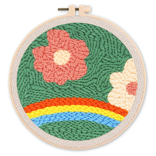 Punch Needle set Blumen über einem Regenbogen