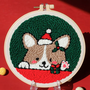 Punch Needle set Hund mit Weihnachtsmannmütze