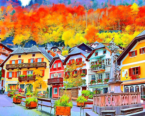 Diamond Painting – Buntes schweizer Dorf – 40 x 50 cm auf Keilrahmen gespannt | Figured'Art