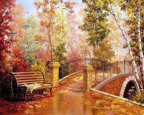 Diamond Painting, Brücke im Herbst